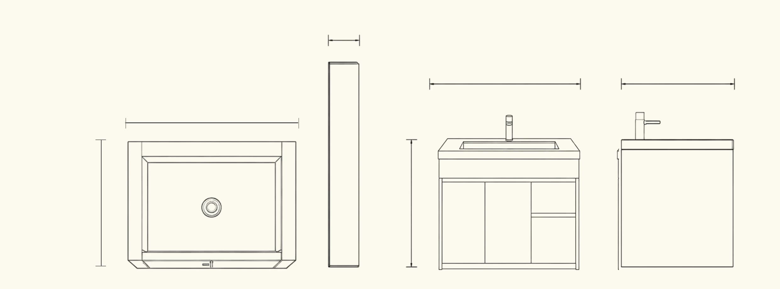 Technical drawings of the vanity at 600 mm wide: basin top view, mirror profile, front and side elevations