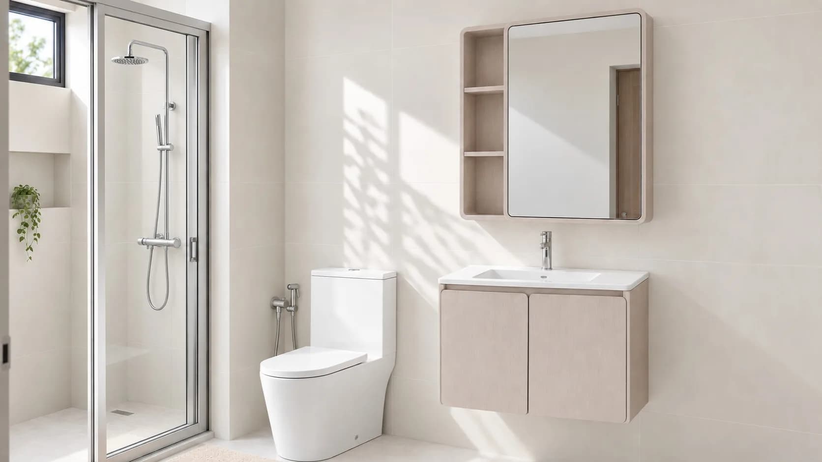 Bespoke vanity with matching mirror cabinet in a neutral bathroom