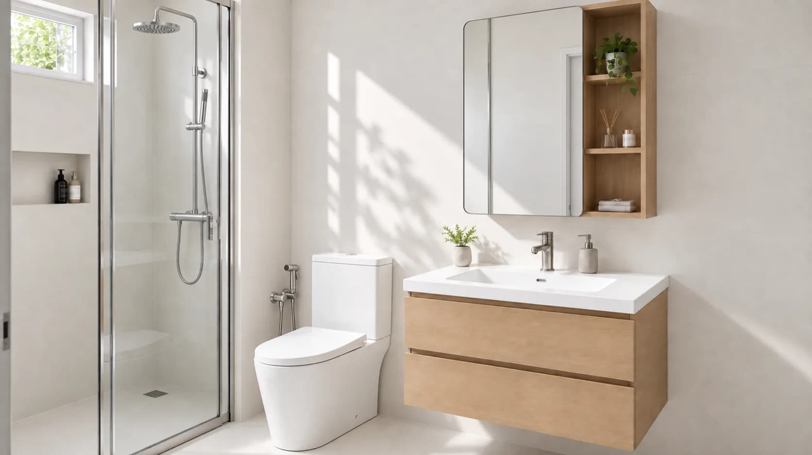 Bespoke vanity with an oak-look drawer cabinet and mirror storage in a styled bathroom