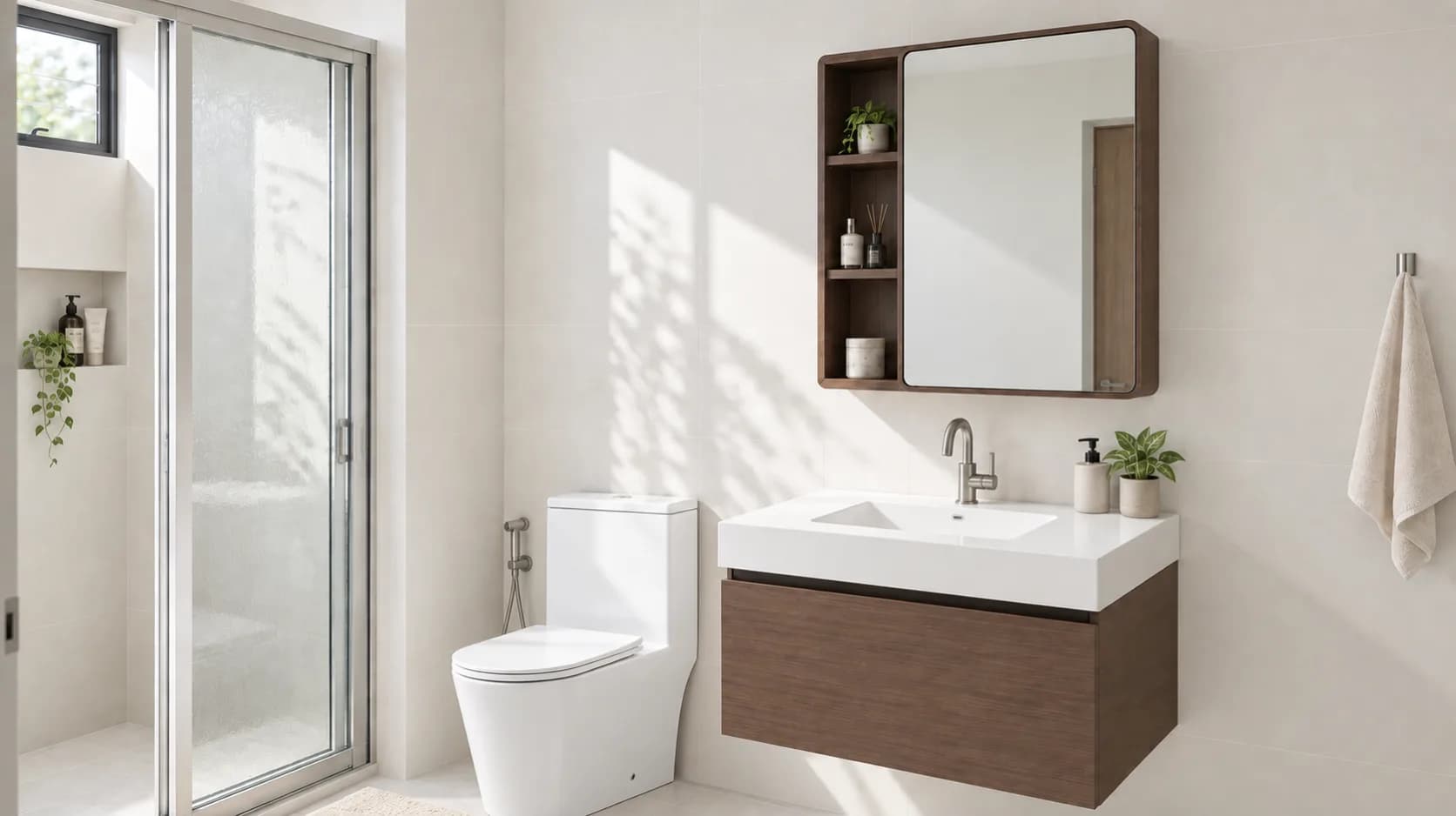 Bespoke vanity in a dark walnut-look finish with a white basin and matching mirror cabinet
