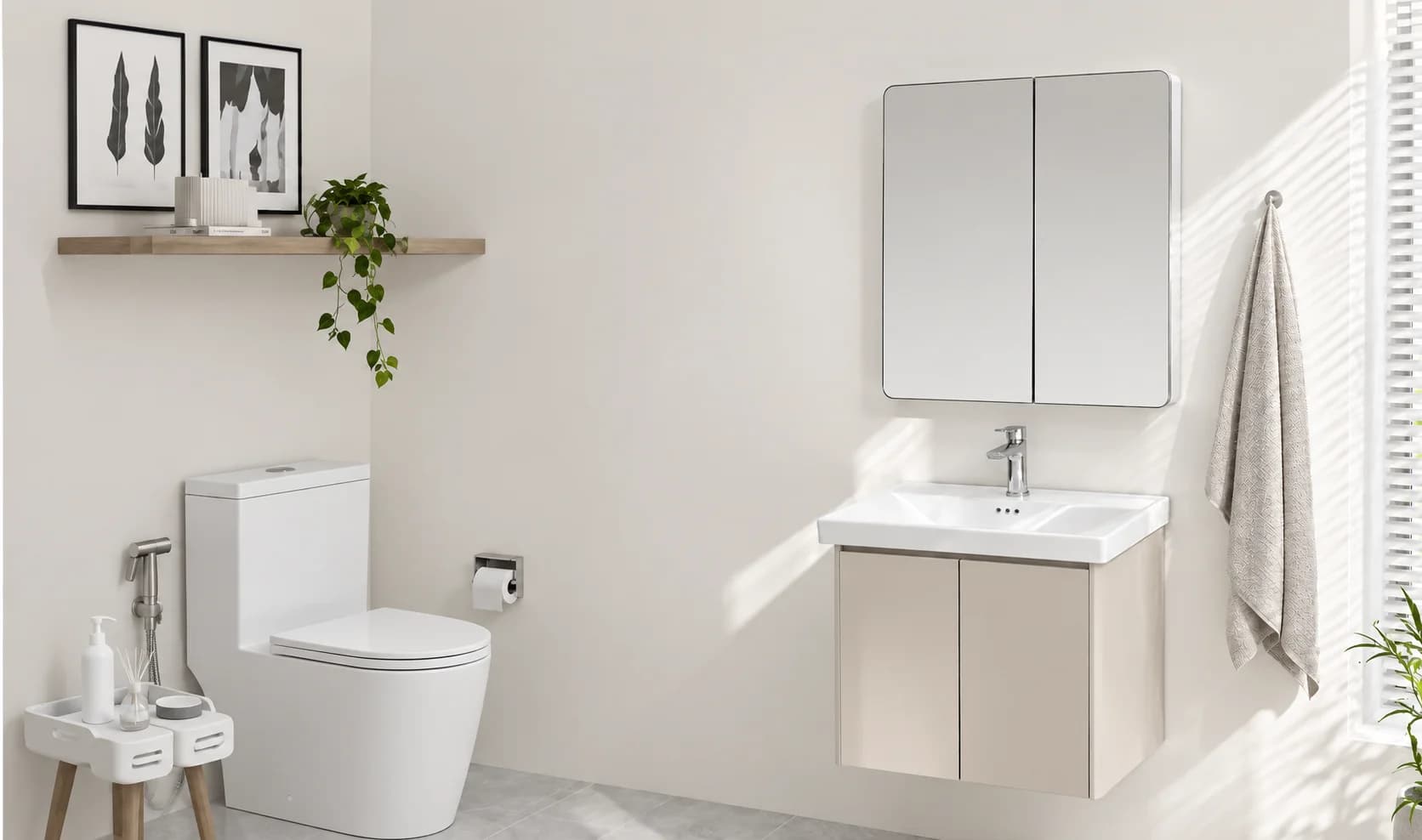 Las Vela Y-40 vanity and mirror cabinet styled in a bathroom