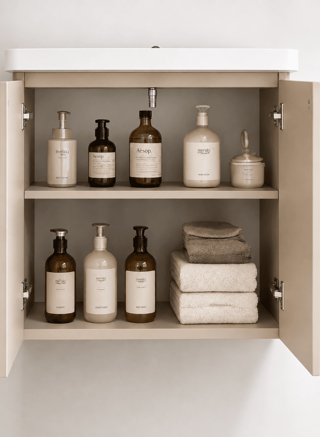 Open Vanity Y-40 cabinet with toiletries on two shelves